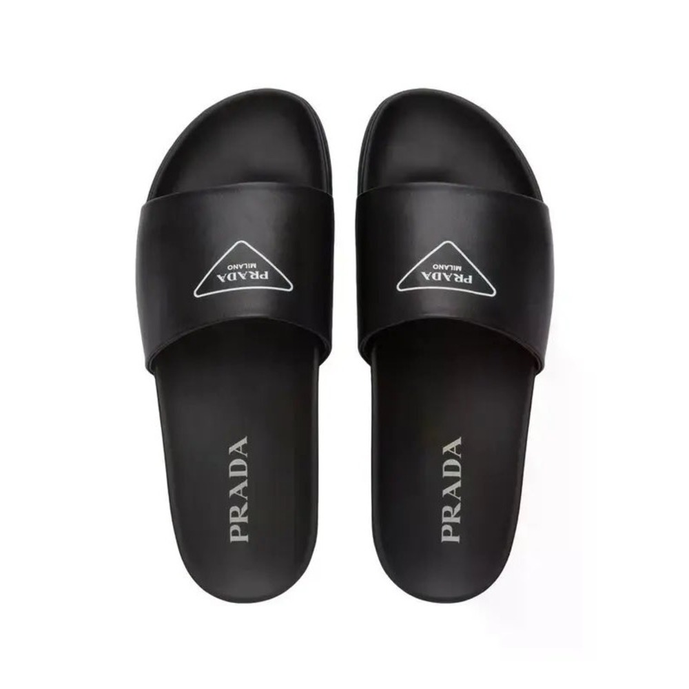 Prada Silkscreen Logo Print Slides Sz 9.5 Black Lug Sole Casual Sporty Vacation